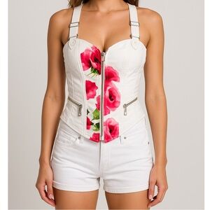 Women’s Faux Leather Strap New White Floral Roses Zip-Up Corset Top